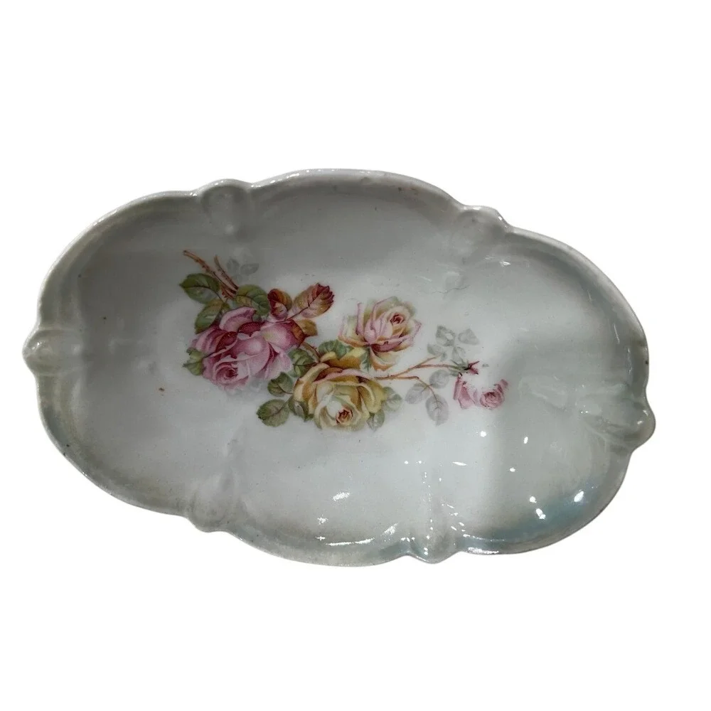 Vintage Made in Bavaria Porcelain Trinket Dish Floral Rose Scalloped Oval 6.25in